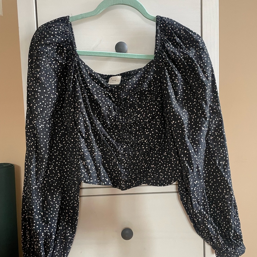 A New Day Black Cropped Blouse with Puff Sleeves and Ruched Details